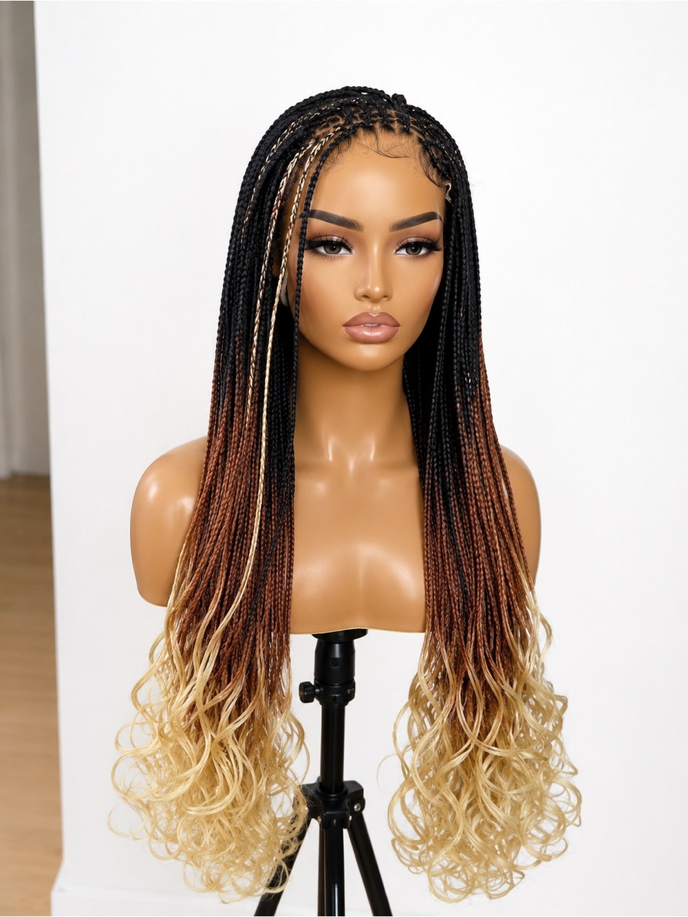 Long Ombre Braided Wig with Blonde Curls - Black to Blonde